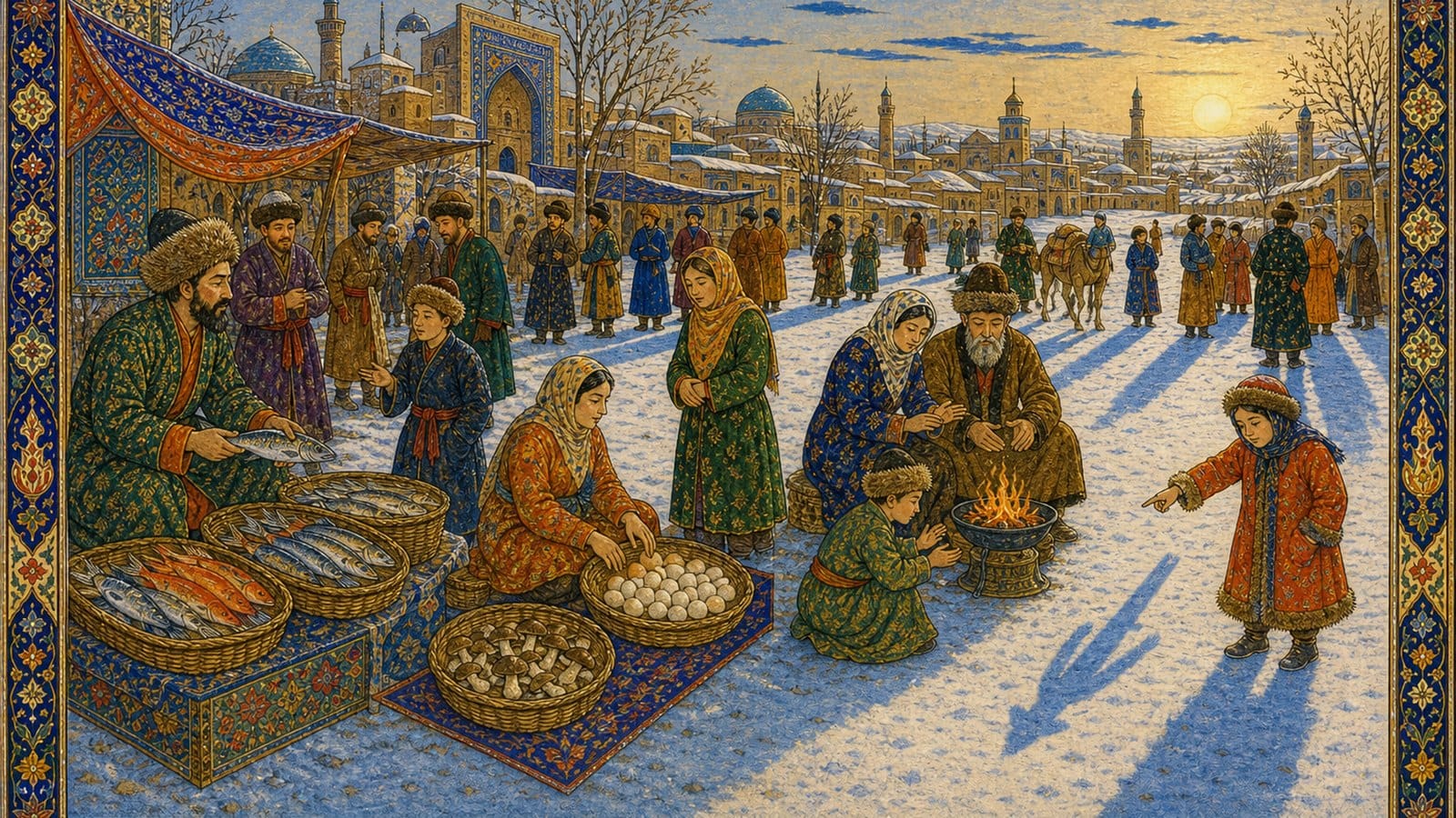 Persische Miniatur: Winterbasar mit tiefer Sonne und langen Schatten, Fischhändler, Eier, Pilze